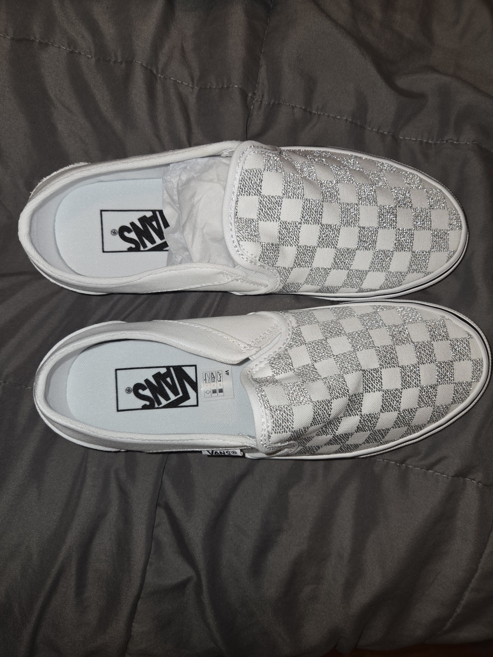 Vans White & Silver Checkerboard Slip-On Sneakers
